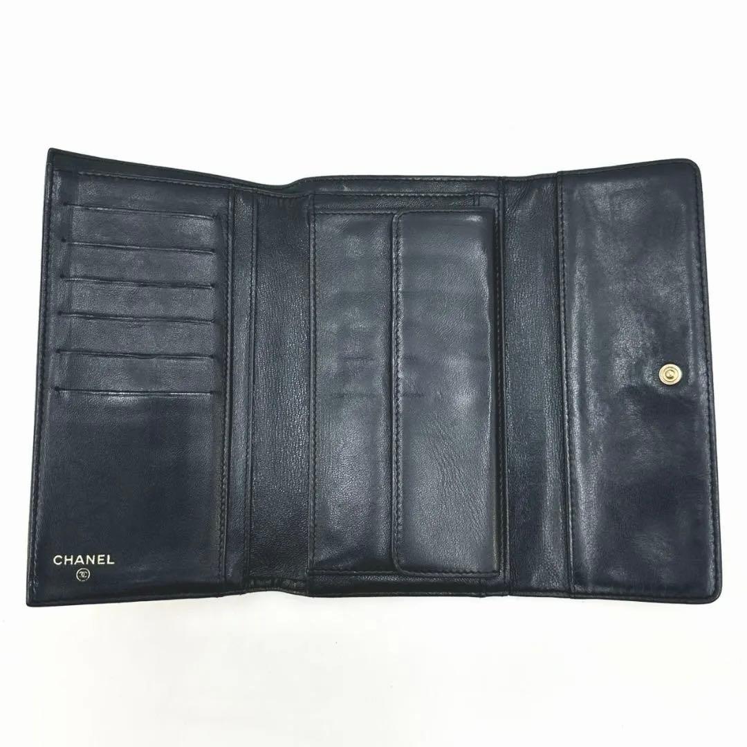 CHANEL シャネル カメリア ココマーク ラムスキン 三つ折り長財布 黒