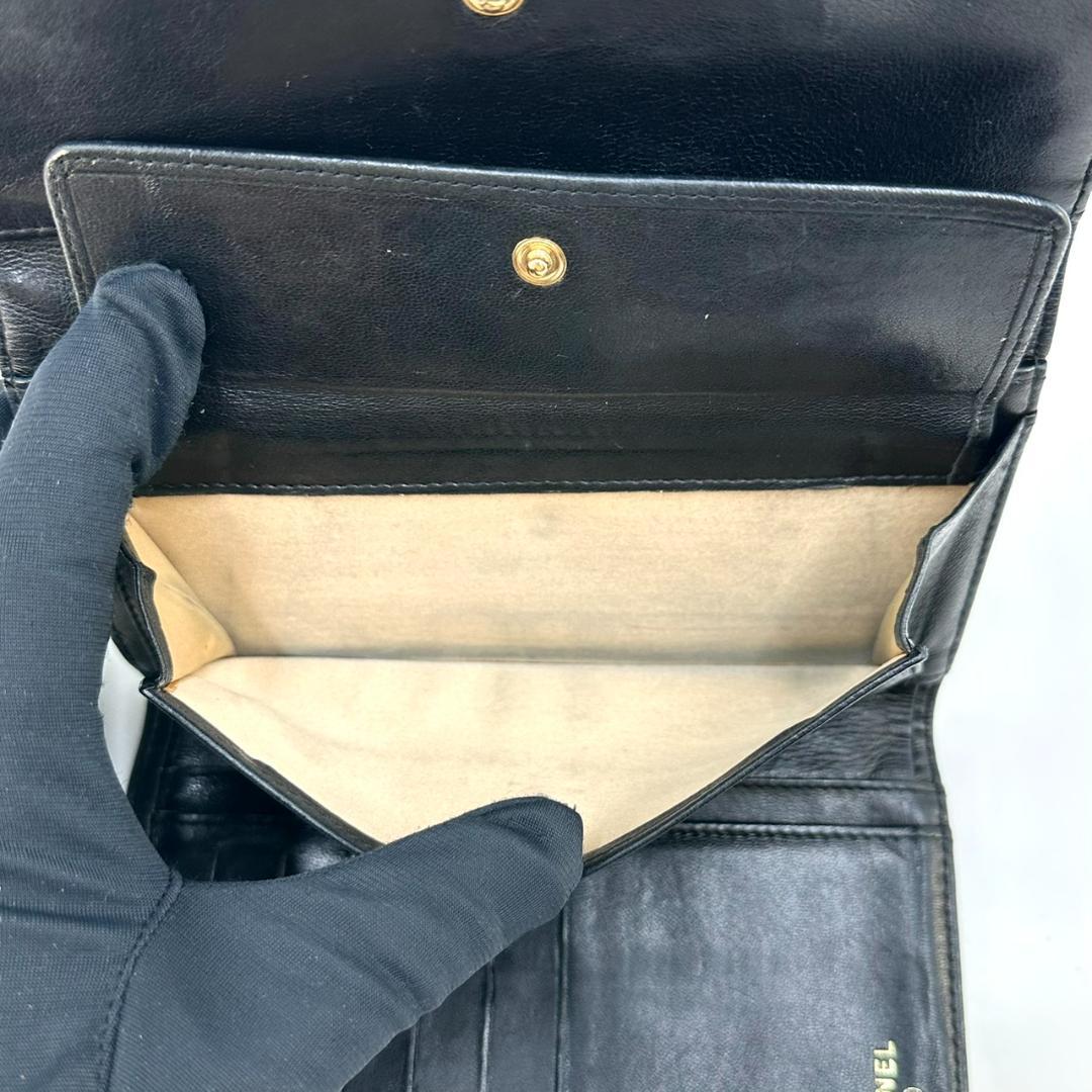 CHANEL シャネル カメリア ココマーク ラムスキン 三つ折り長財布 黒