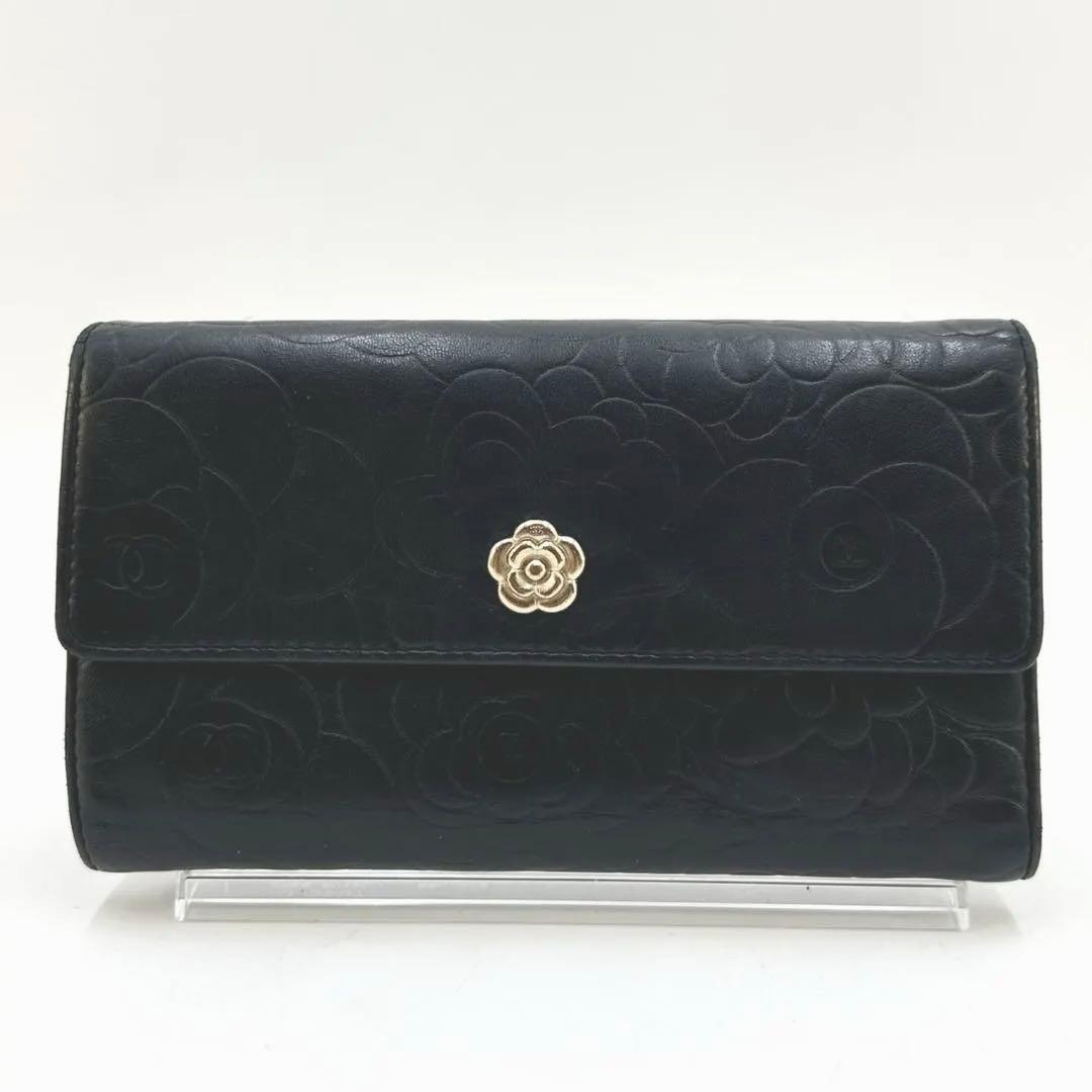 CHANEL シャネル カメリア ココマーク ラムスキン 三つ折り長財布 黒