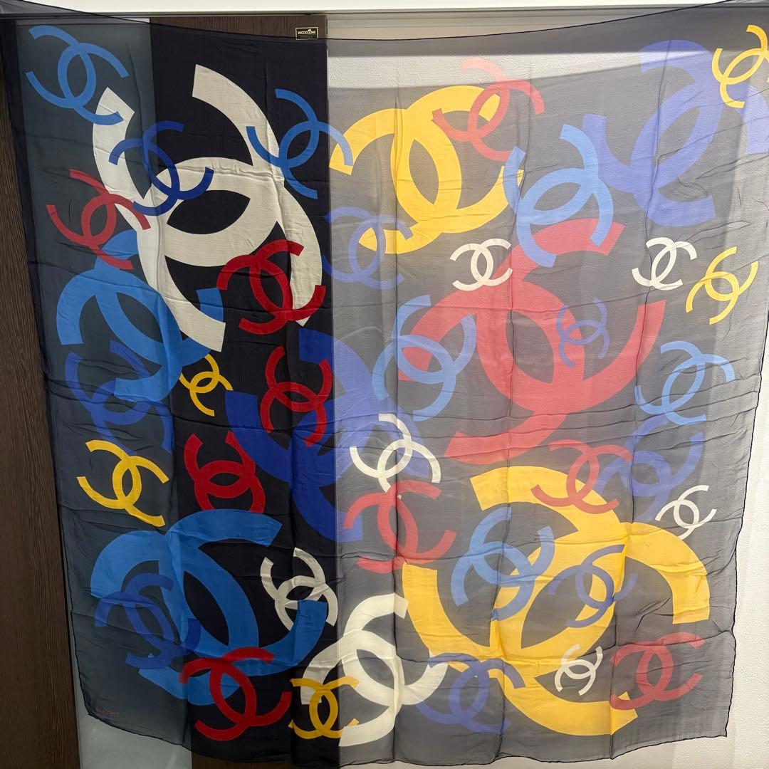 モ*ー様 CHANEL シャネル ココマーク 大判ストール ネイビー　シルク ス