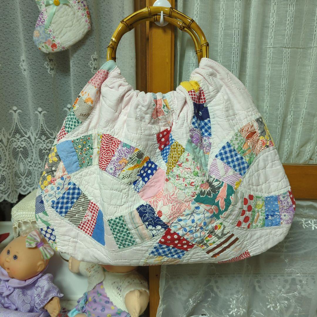 アンティークキルトリメイク　バンブーリングのグラニーバック　ハンドメイド