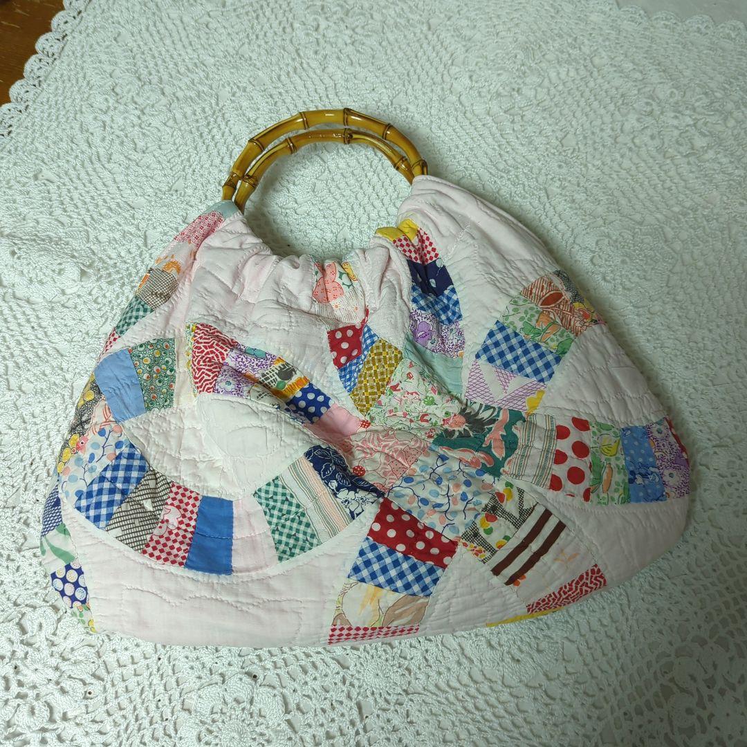 アンティークキルトリメイク　バンブーリングのグラニーバック　ハンドメイド