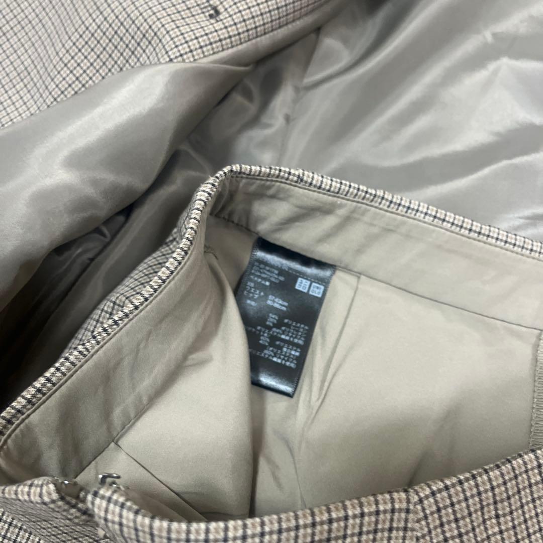 UNIQLO ダブルジャケット&スコート　ブラウン　チェック　セットアップ着用