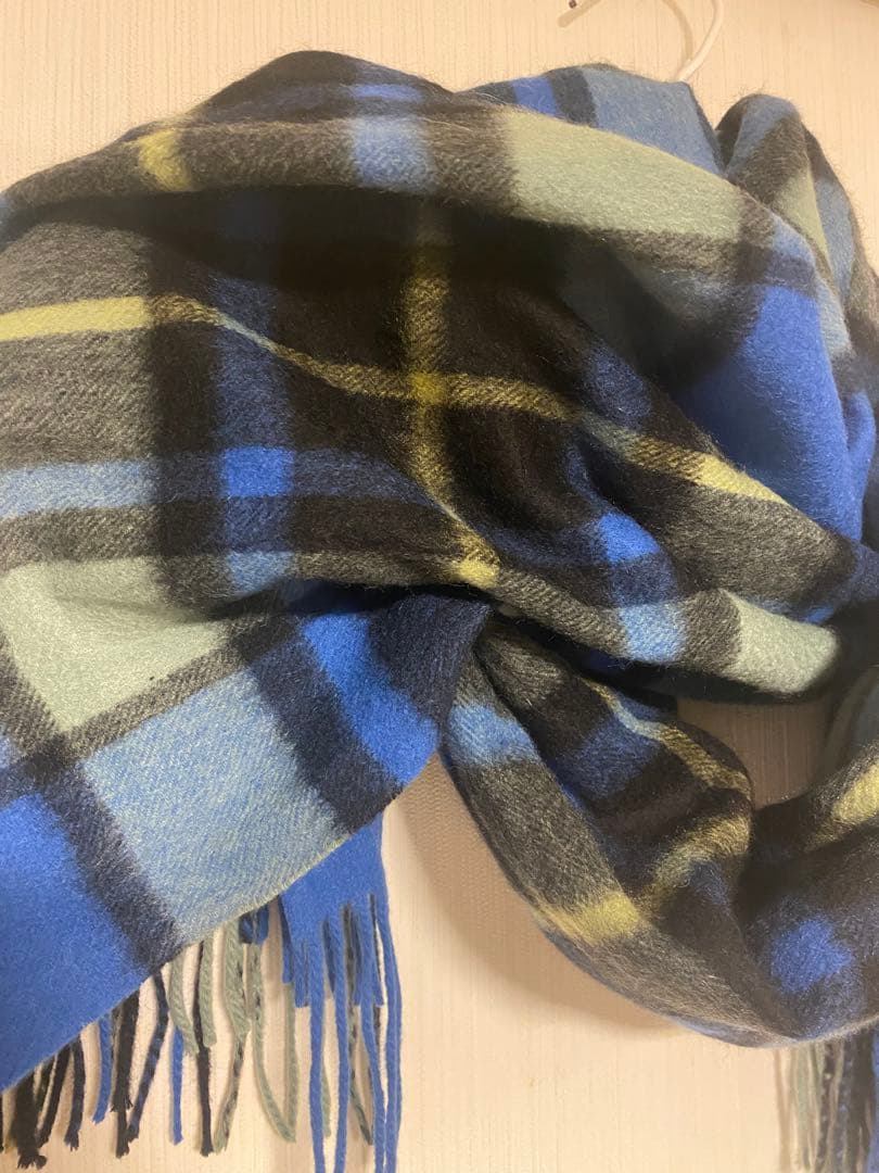 カシミヤ　青系チェック柄ストール
