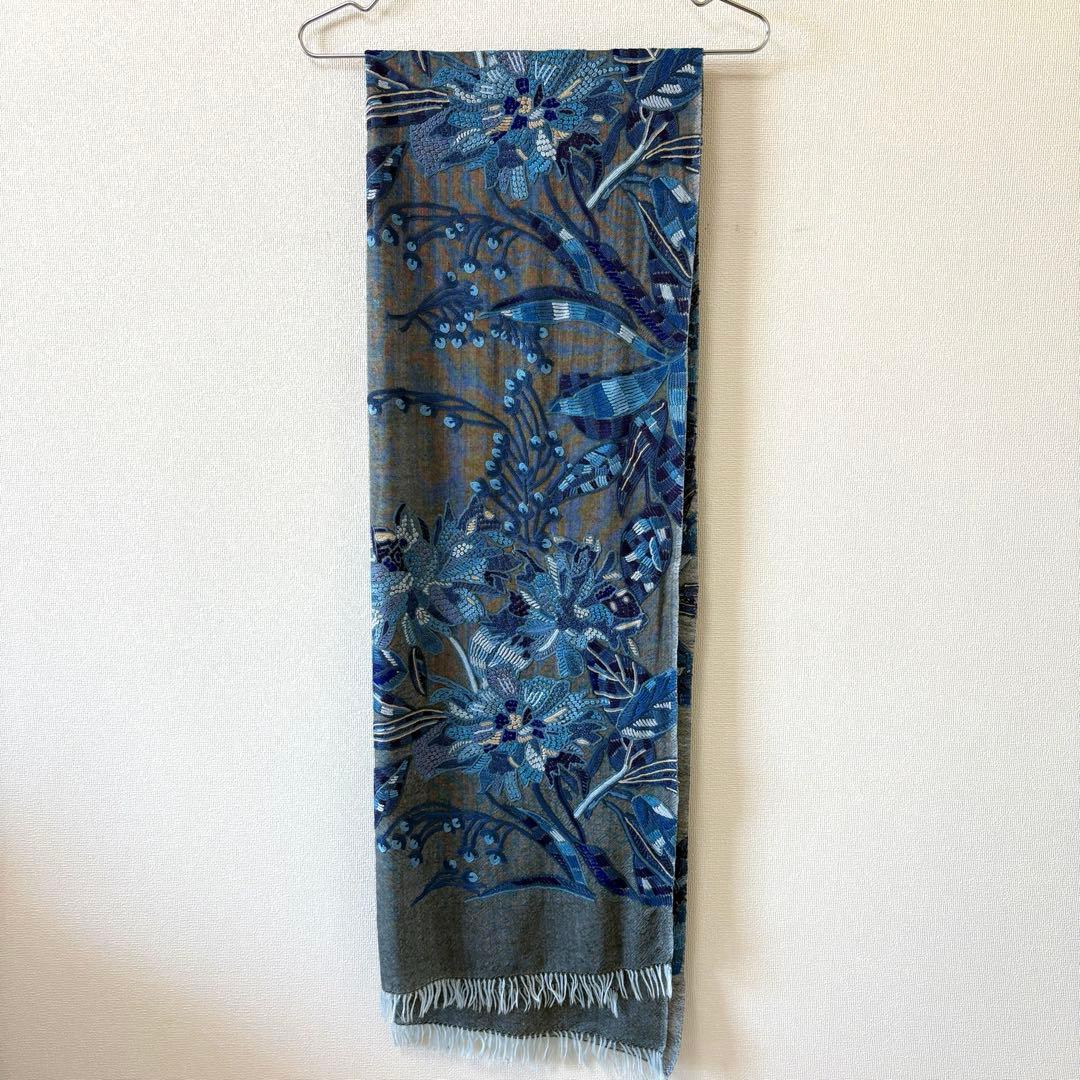 大判ストール 刺繍 シルク混 ブルー フリンジ付き