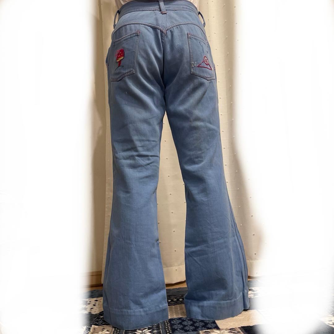 60s〜70s刺繍付きシャンブレーフレアパンツ　starジップ　vintage