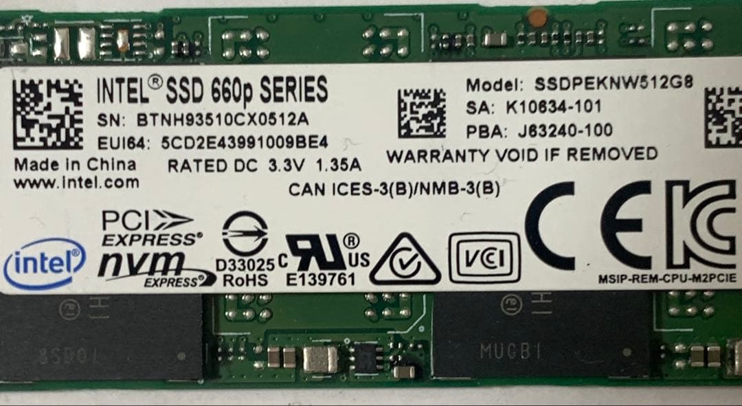 Intel SSD 660p 512GB NVMe M.2 動作確認済