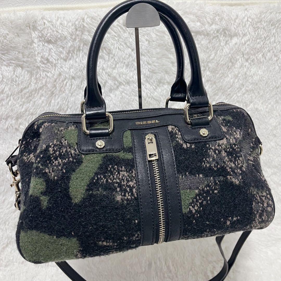 【美品】DIESEL 迷彩 ミニボストン 2WAY zip レザー切替