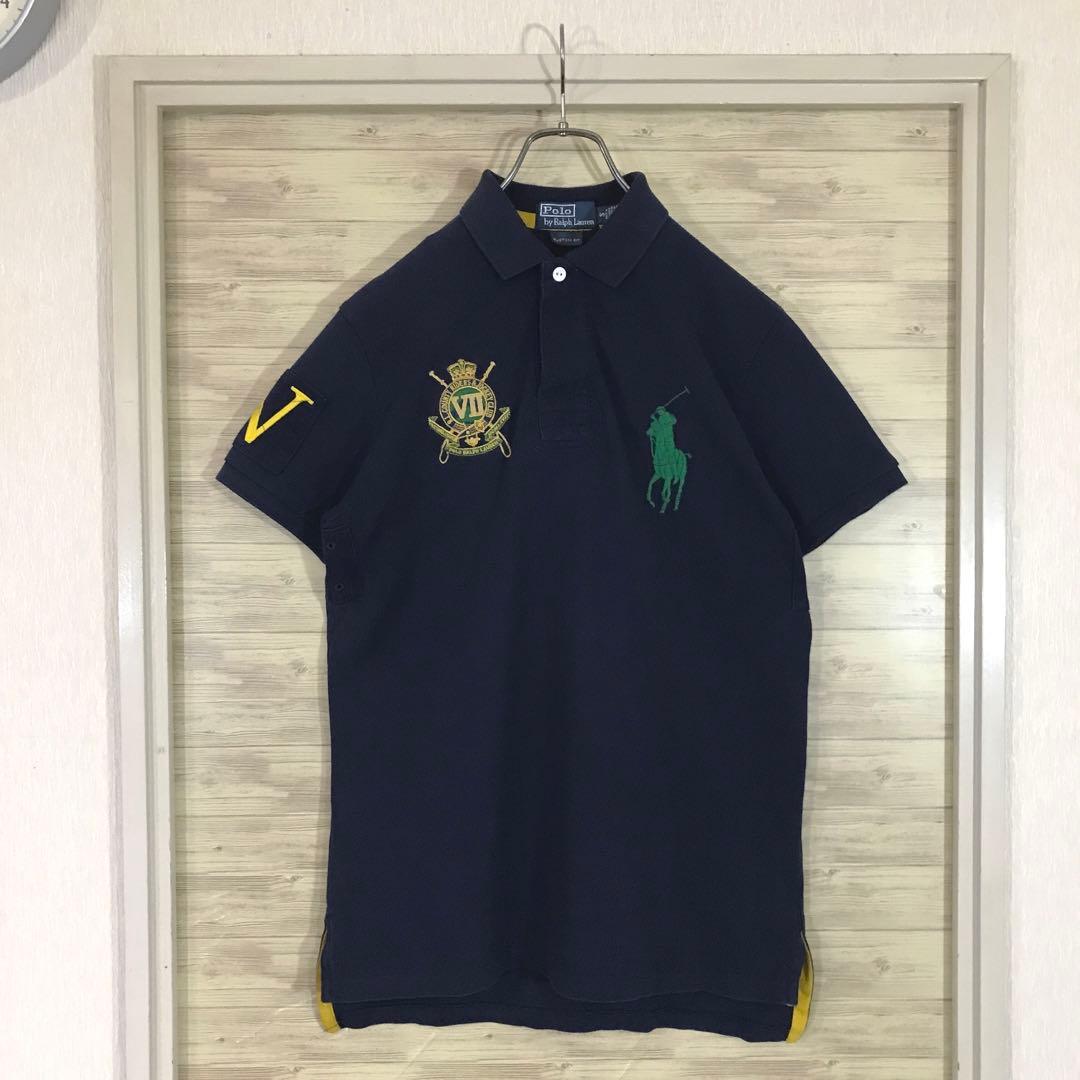 古着 オールド ラルフローレン 半袖ポロシャツ ビッグポニー刺繍 紺 緑