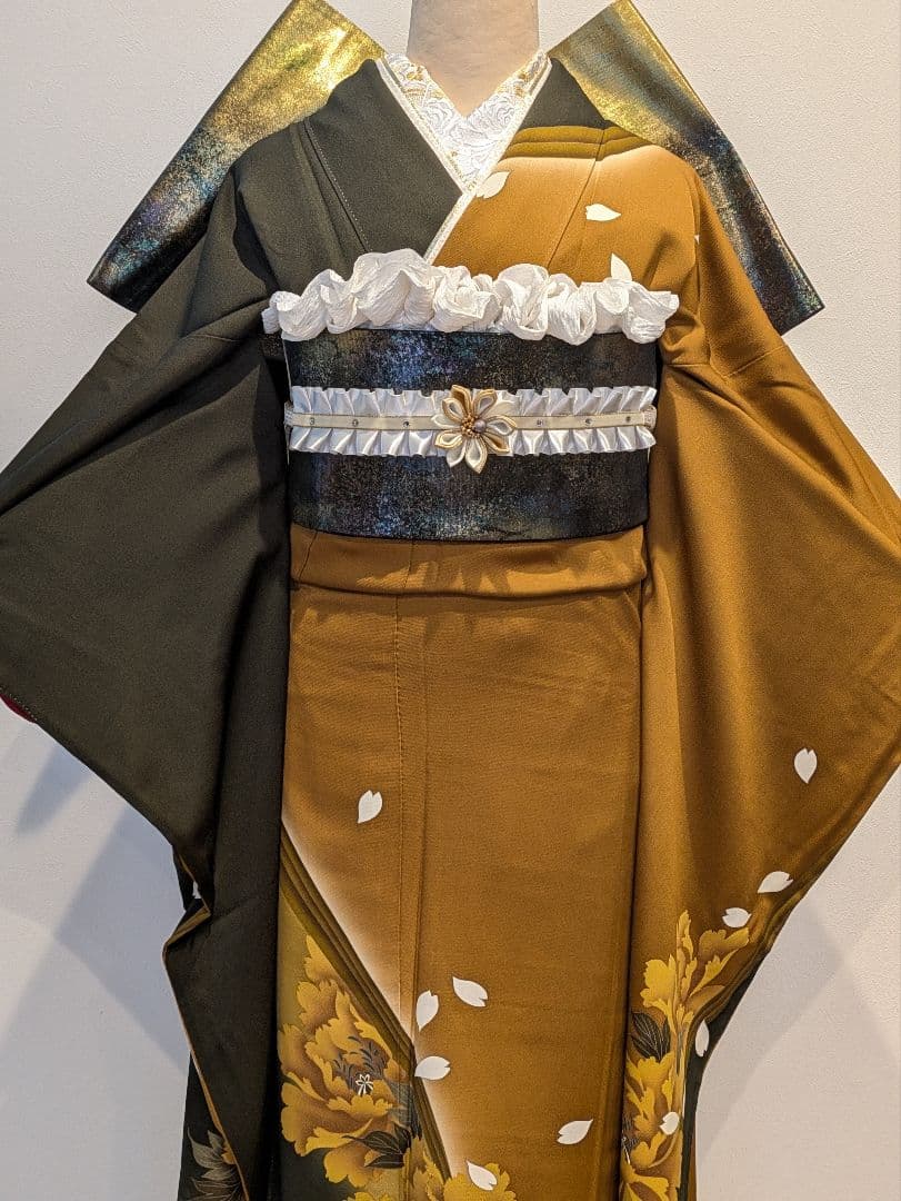 振袖フルセット 身丈166裄70 暈し染め キャメル 刺繍 正絹 成人式 逸品