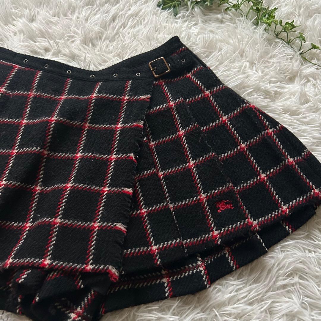 バーバリーブルーレーベル　ロゴ刺繍　チェック　ウール　巻きスカート　キュロット