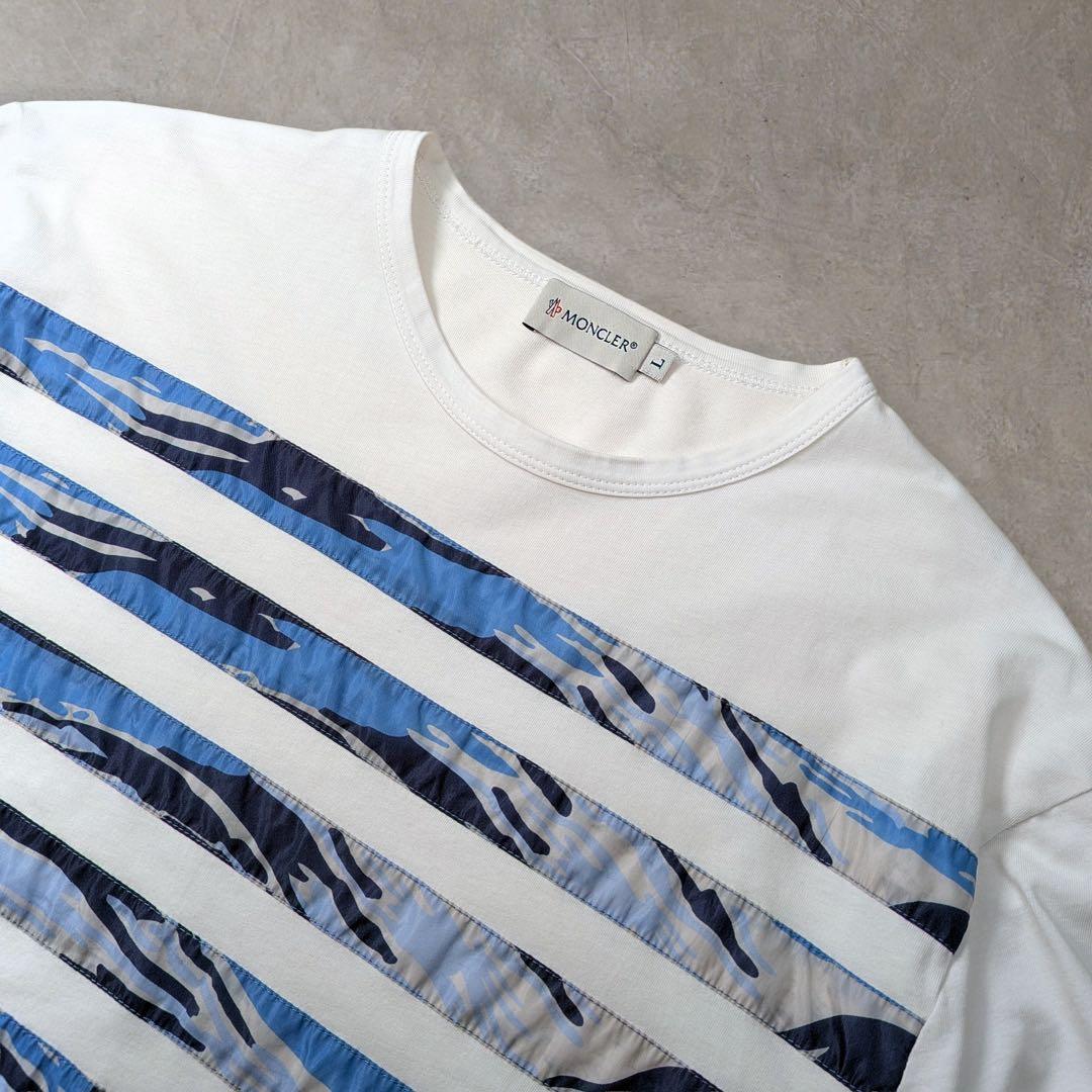 モンクレール カモフラ切替 ボーダー 半袖 Tシャツ ホワイト L イタリア製