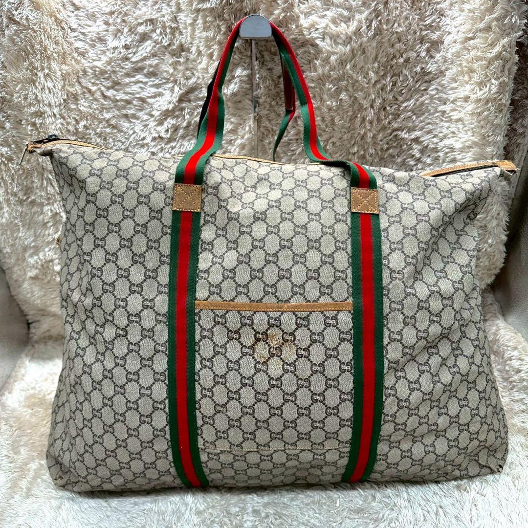 【美品】グッチプラス ボストンバッグ ベージュ スプリーム シェリーライン