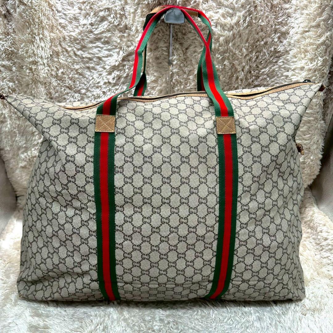 【美品】グッチプラス ボストンバッグ ベージュ スプリーム シェリーライン