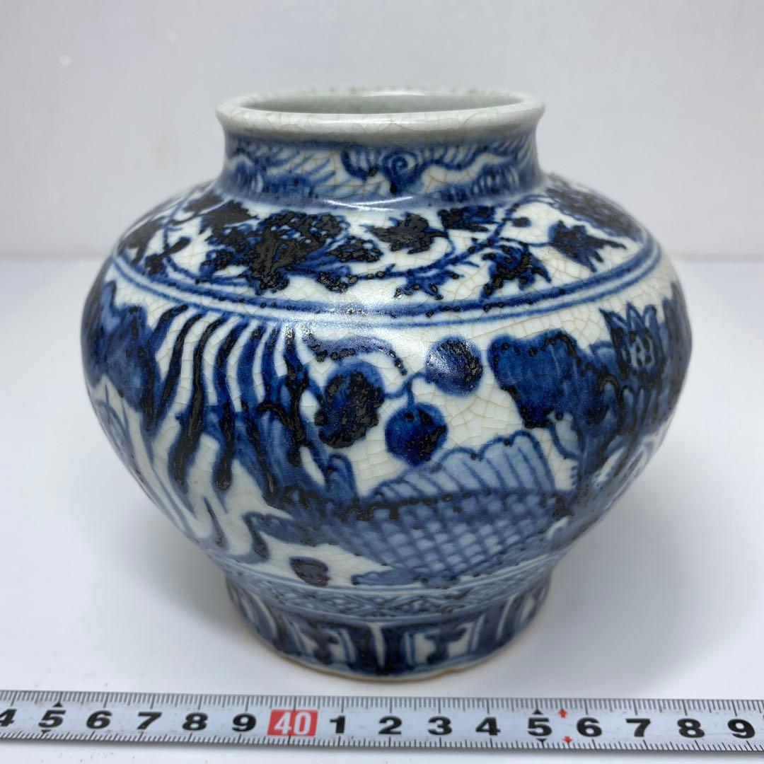 専用　中国古玩　元染魚文壺　タサオ　最大幅約13㎝　東里7-0404①