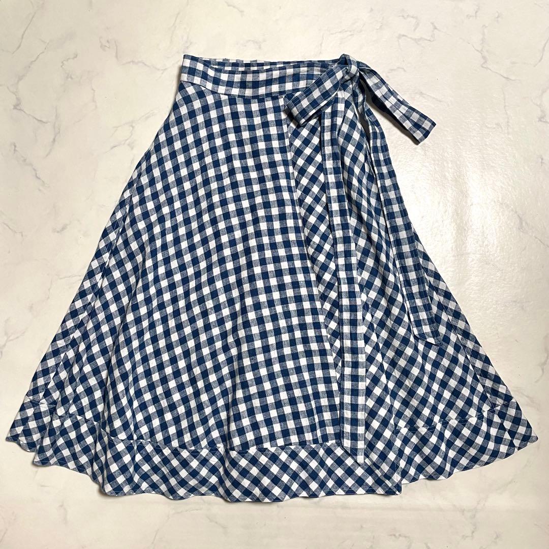 美品♪ポロラルフローレン リネン ラップスカート ギンガムチェック ブルー XS