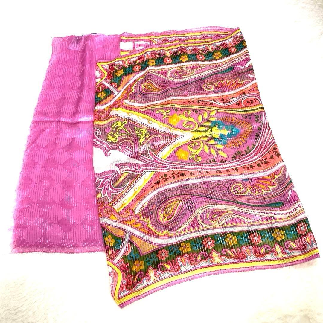 美品❗️ETRO エトロ ペイズリー柄 シルク　大判　プリーツストール　ショール