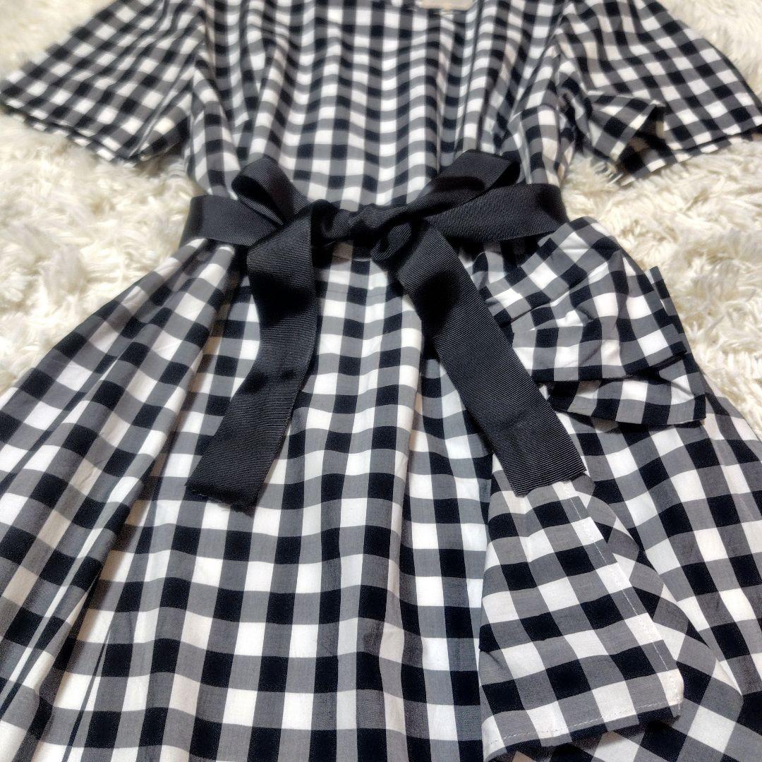 【美品♡希少42】ローズティアラ　ギンガムチェックフリルフレアワンピース　白黒