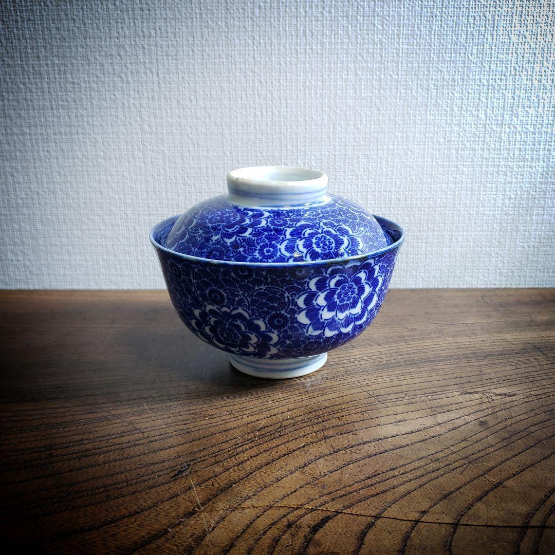染付 印判 蓋物 茶碗 明治 大正 牡丹 花文様 松竹梅 ベロ藍