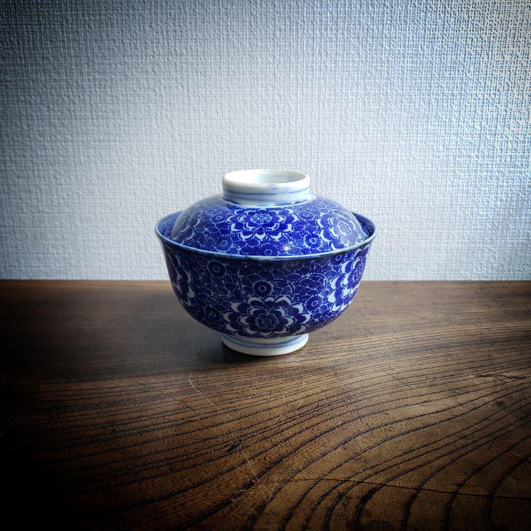 染付 印判 蓋物 茶碗 明治 大正 牡丹 花文様 松竹梅 ベロ藍