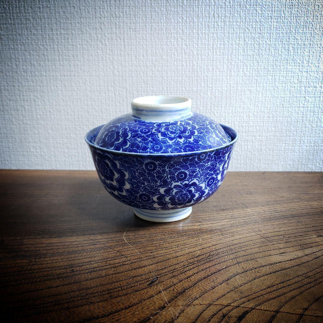 染付 印判 蓋物 茶碗 明治 大正 牡丹 花文様 松竹梅 ベロ藍