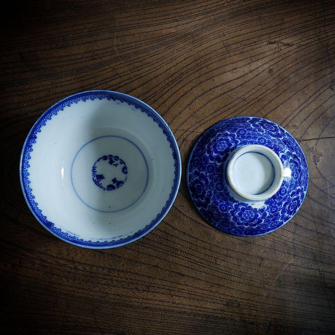 染付 印判 蓋物 茶碗 明治 大正 牡丹 花文様 松竹梅 ベロ藍