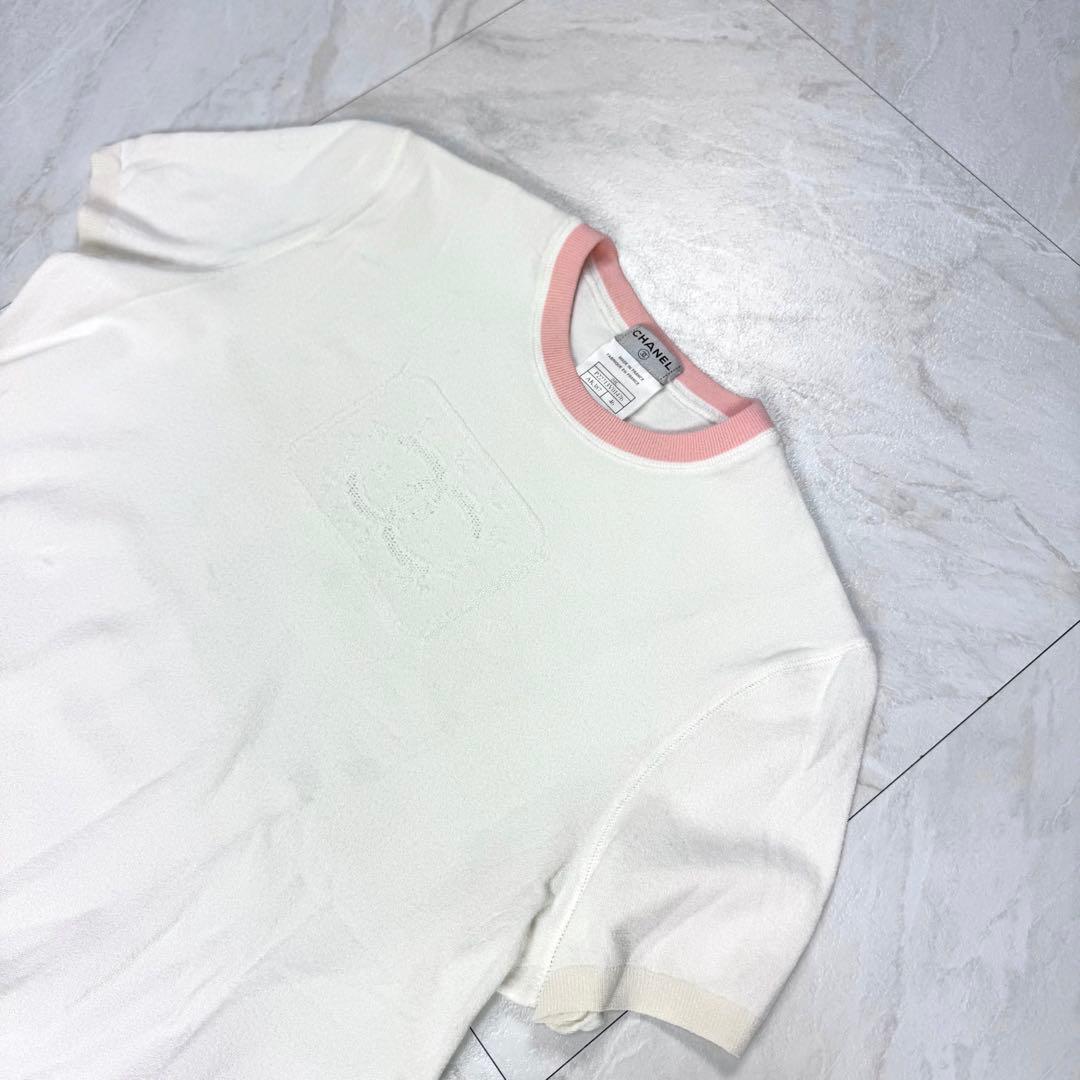 CHANEL 半袖 伸縮性 ニット ココマーク リンガー Tシャツ 46