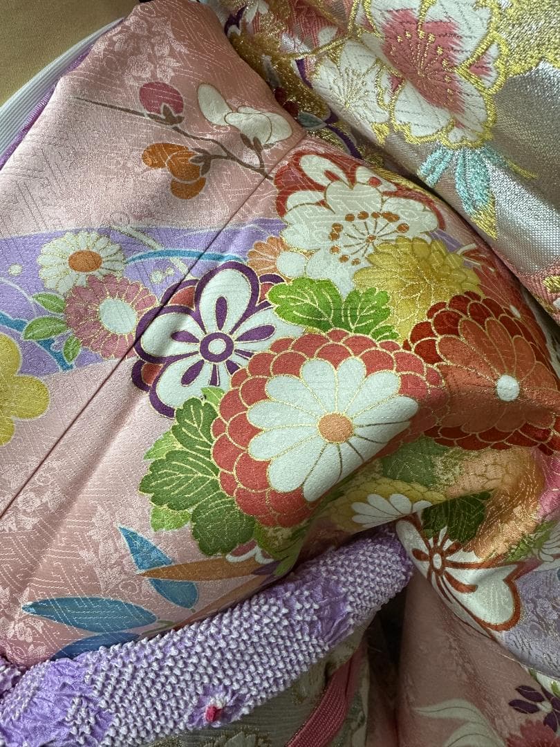 吉澤友禅 ピンク地 古典柄 金駒刺繍 松竹梅 振袖 袋帯フルセット