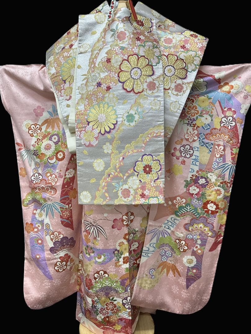 吉澤友禅 ピンク地 古典柄 金駒刺繍 松竹梅 振袖 袋帯フルセット