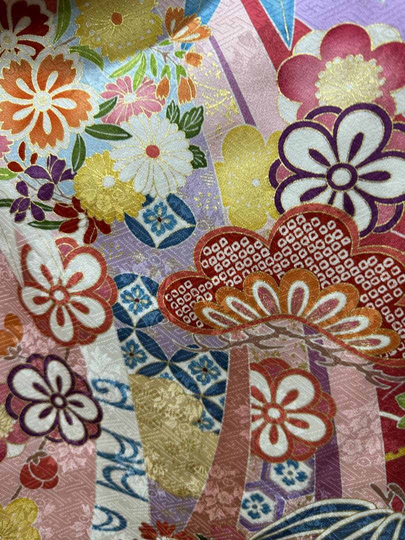 吉澤友禅 ピンク地 古典柄 金駒刺繍 松竹梅 振袖 袋帯フルセット