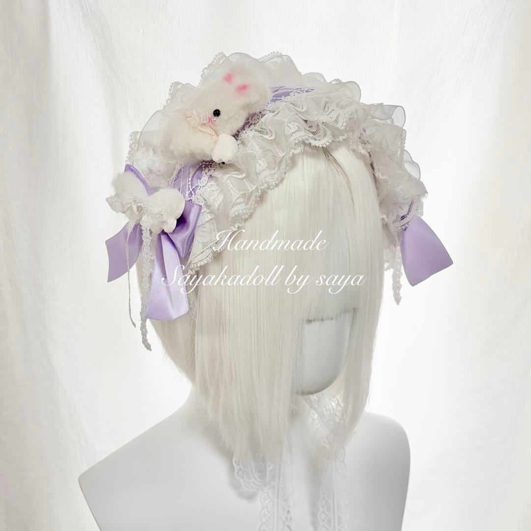♡ No.2 天使のうさぎさん付き 編み上げリボンヘッドドレス purple ♡