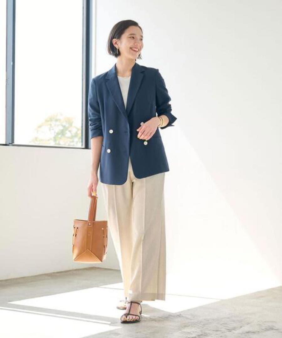 グリーンレーベル 23aw 洗えるクリスプツイルダブルブレストジャケット 紺