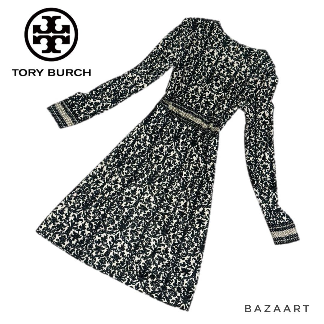 TORY BURCH トリーバーチ シルク100% 総柄ワンピース 長袖 黒