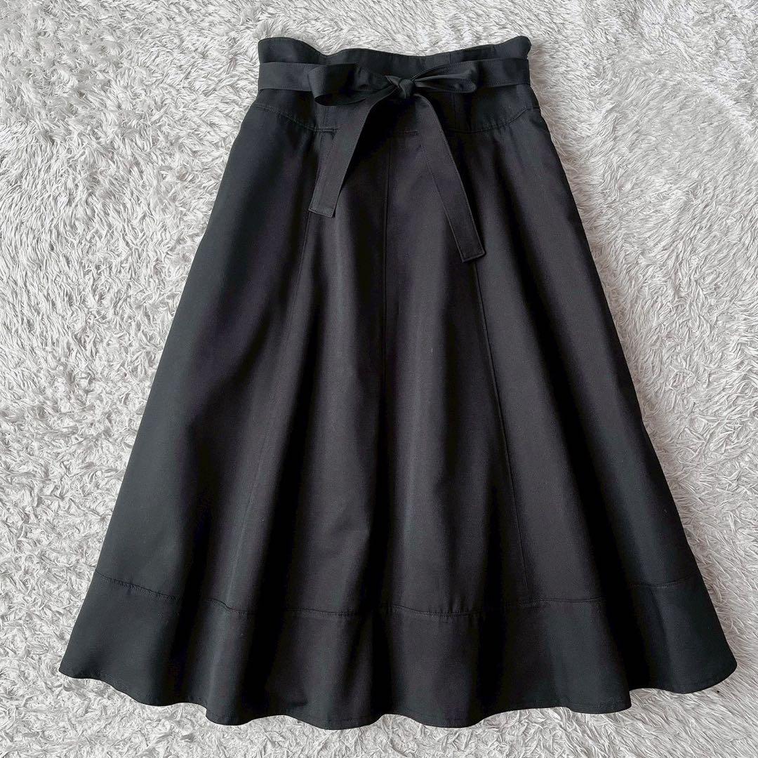 【美品】エムズグレイシー タックフレアスカート リボン付ロング丈 黒24年モデル