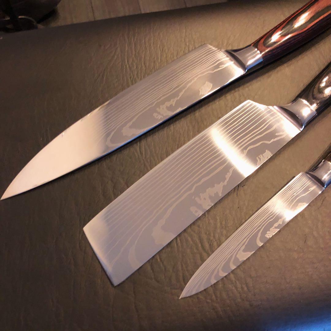 新品　高級三徳包丁　シェフナイフ　ダマスカス　包丁　フルーツナイフ　３本セット