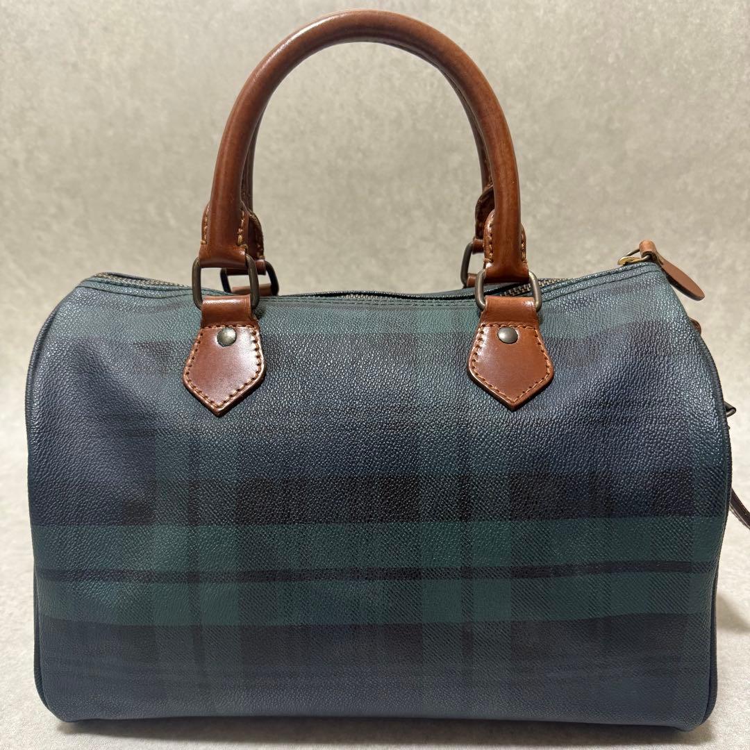 【ポロラルフローレン】美品　ミニボストンバッグ　レザー　チェック柄　グリーン