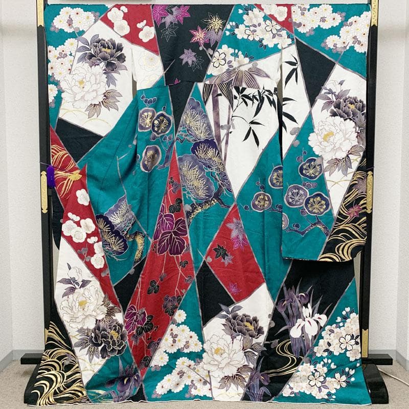 602z40☆振袖 クィーンサイズ モダン 金駒刺繍 牡丹☆美品 成人式 結婚式