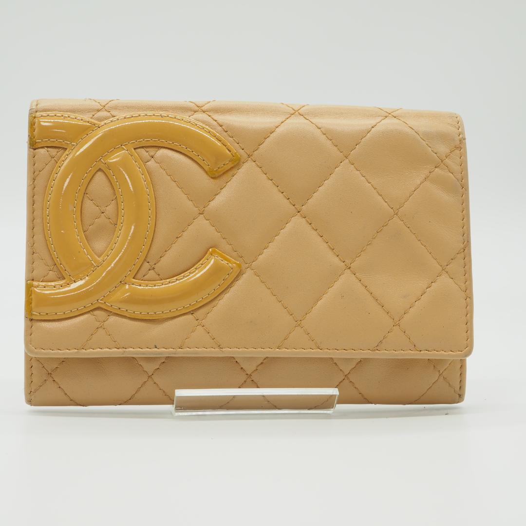 CHANEL カンボンライン ２つ折り財布 ミドル ベージュ×オレンジ