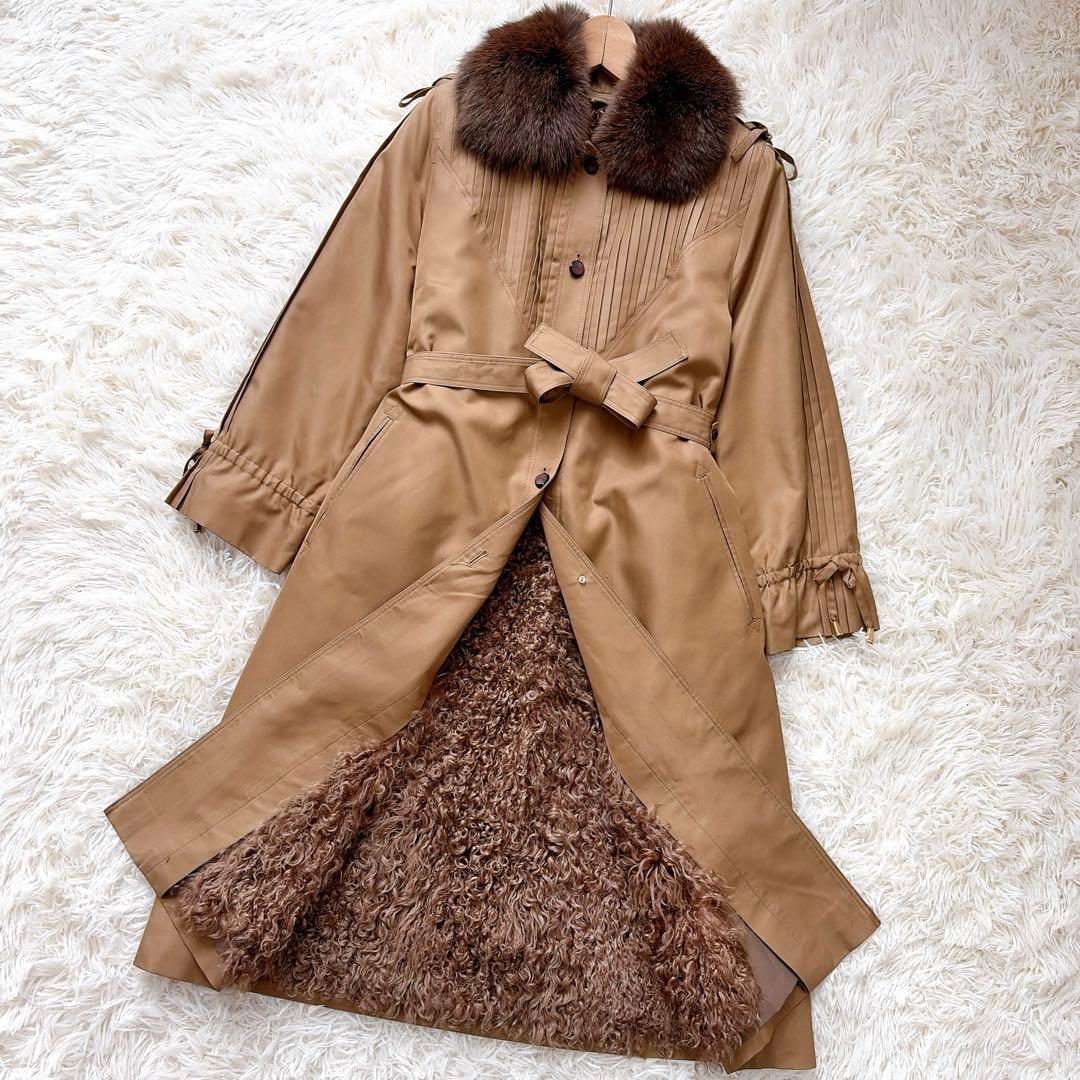 kanebo silk シルク100%プードルライナー付ファートレンチコート　L