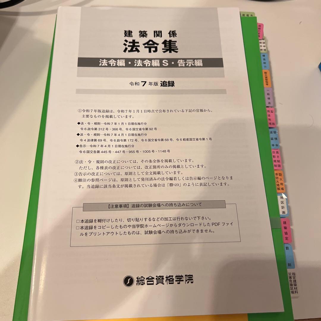 線引済み　一級建築士 建築関係法令集 2025 総合資格 令和7年度　追録付