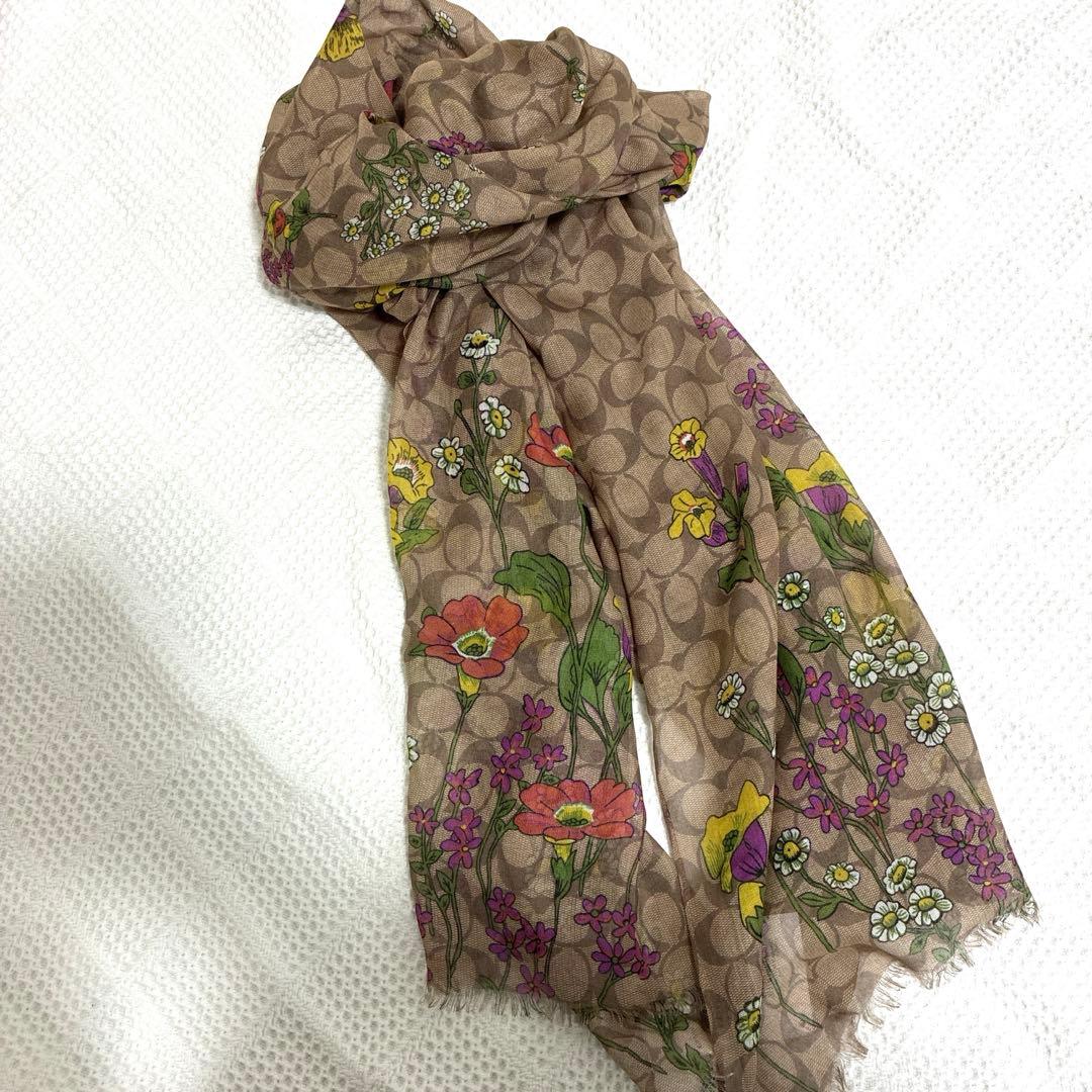 未使用品 コーチ ストール スカーフ シルク混 大判 花柄 シグネチャー 希少