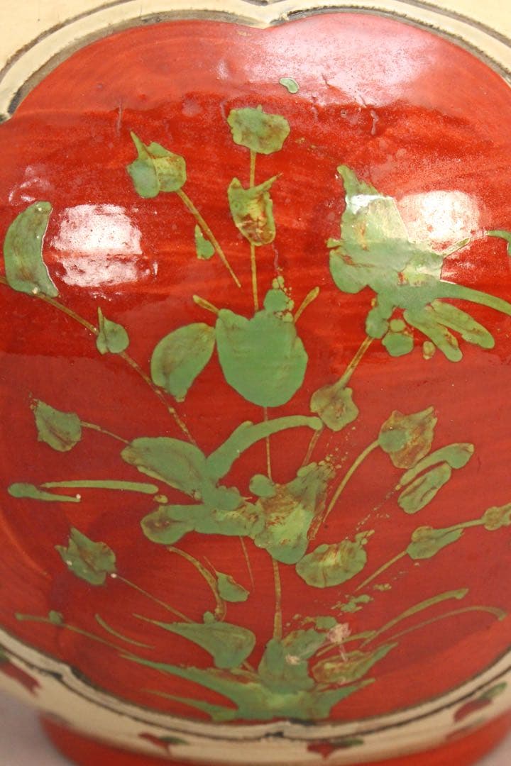 No5145壺屋焼　兼銘　赤絵魚文壷　高さ24.5cm 琉球　やちむん　送料無料