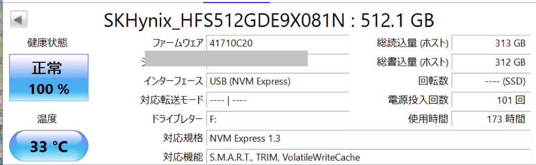 SK Hynix 512GB NVMe SSD 使用時間173時間