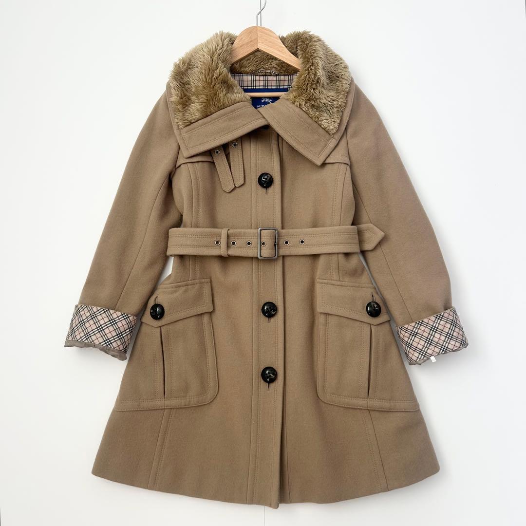 BURBERRY ファー付きロングコート　キャメル　ノバチェック　ベルト　36