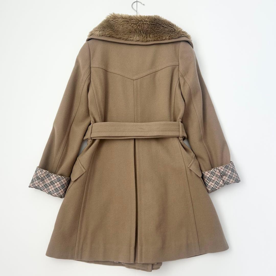 BURBERRY ファー付きロングコート　キャメル　ノバチェック　ベルト　36
