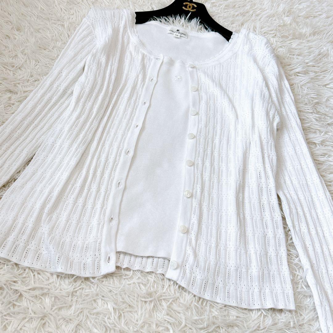 爽やか✨Courreges ポイントロゴ アンサンブル ニット 白 11 透かし