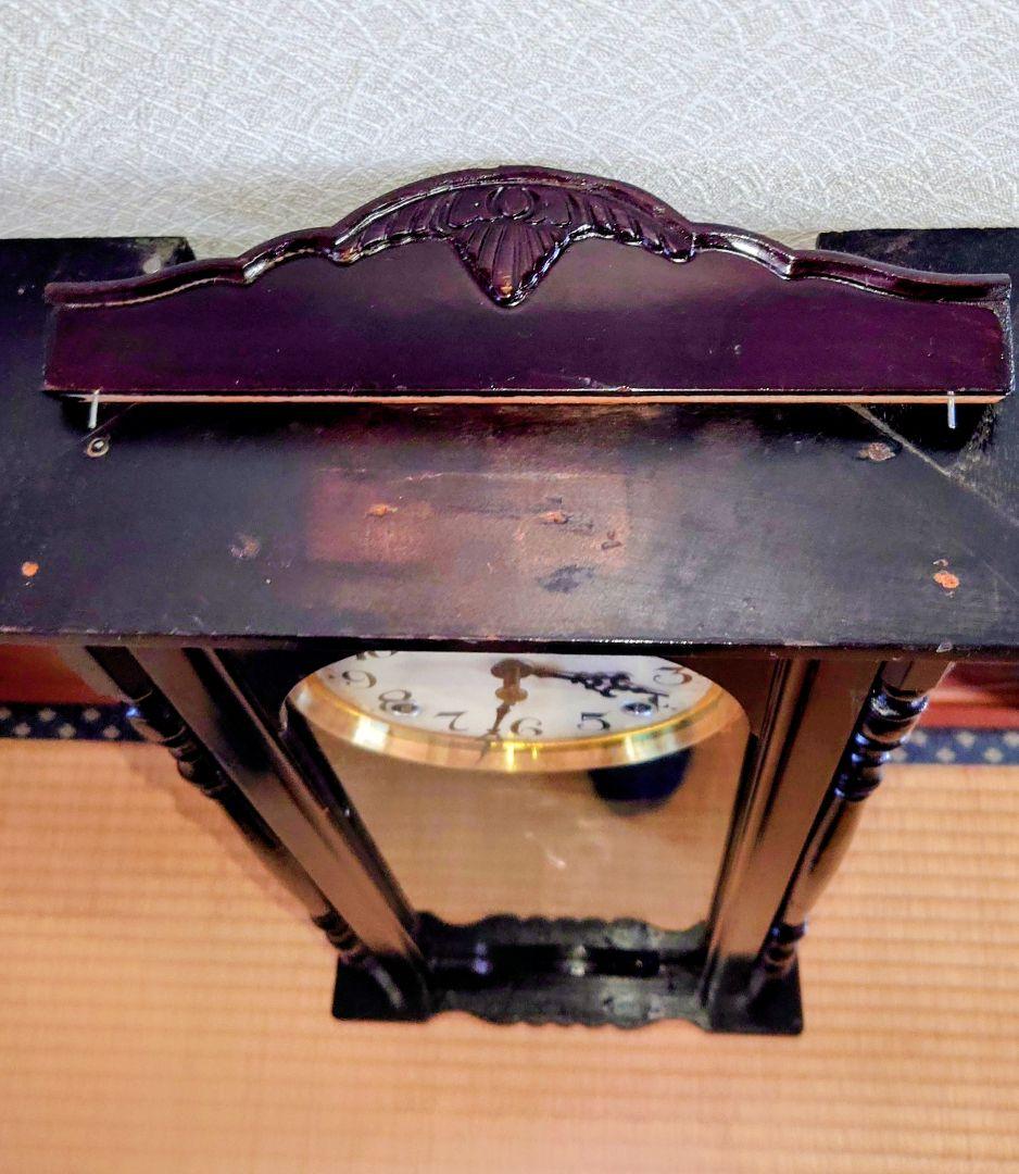 〈完動・美品〉黒漆塗り　装飾両柱型　ゼンマイ振り子時計 （メーカー不明）古時計