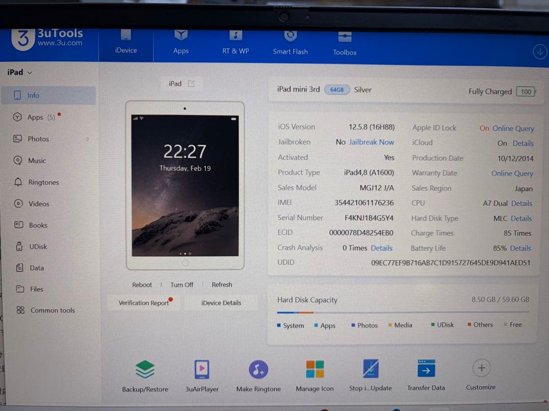 iPad mini3 64GBセルラー au Wi-Fi利用可 初期化済 動作品