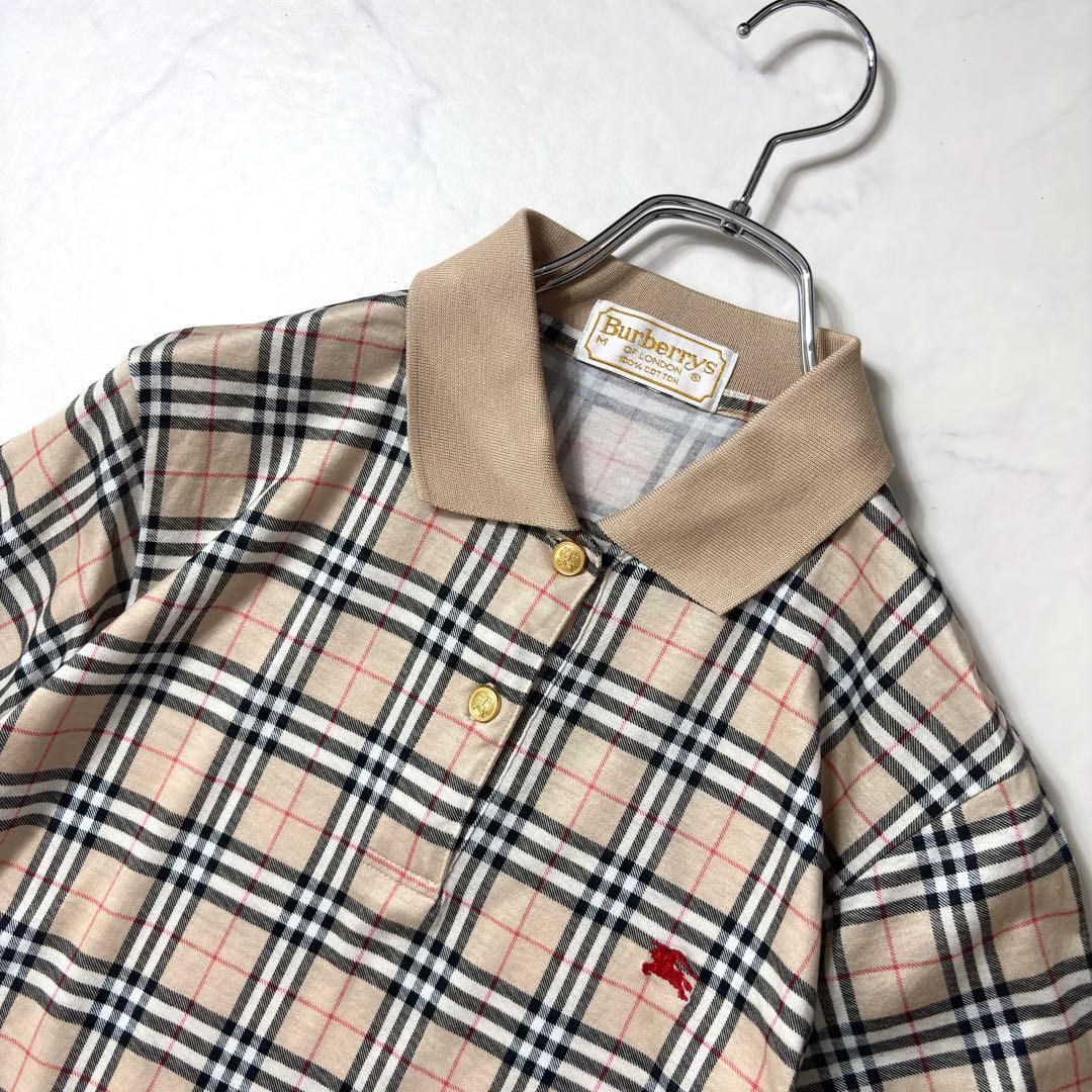 美品✨バーバリー ポロシャツ ノバチェック ホースロゴ 金ボタン ロゴ M
