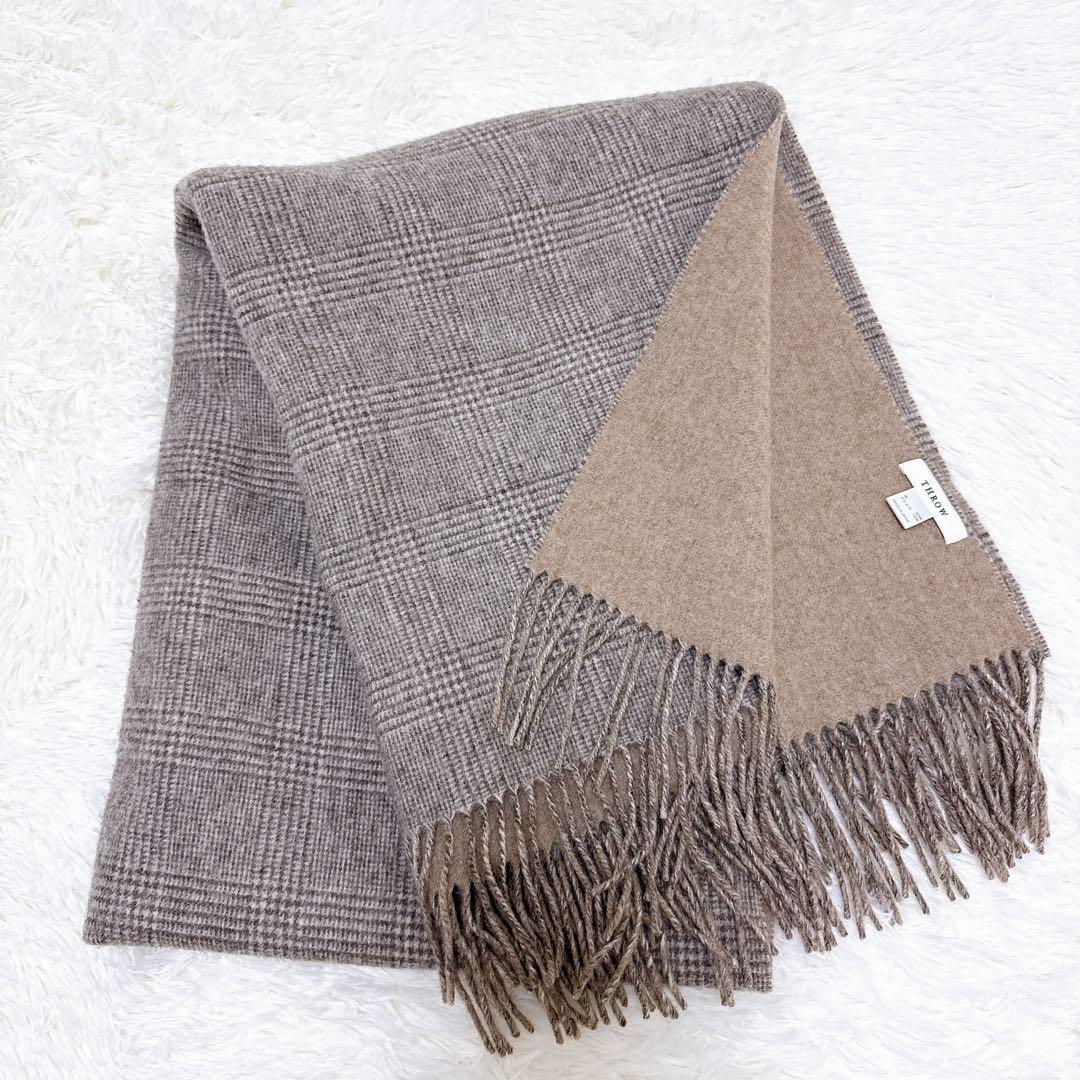 [美品] throw ダブルフェイスグレンチェックストール　大判　ブラウン